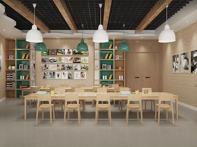 School Study Room With Wooden Tables Chairs Green Bookshelves Wooden Beam Ceiling And Hanging Lamps 3d model
