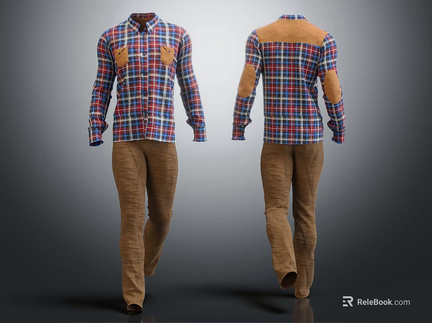 Stylish Men's Plaid Shirt With Elbow Patches And Brown Pants Outfit 3d model 
