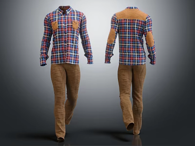 Stylish Men's Plaid Shirt With Elbow Patches And Brown Pants Outfit 3d model