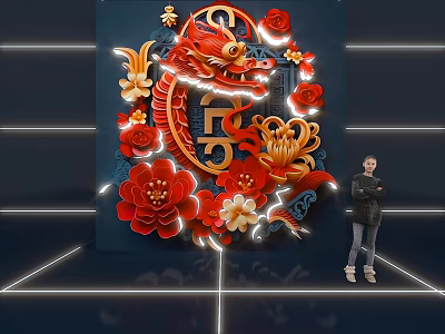 Chinese Dragon Fu Character Red Flowers In Exhibition Space With Figure 3d model