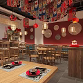 Traditional Chinese Restaurant Interior Design With Hanging Lanterns Wooden Tables Chairs And Mural Decor