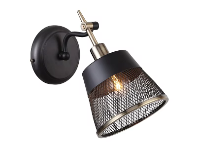 Vintage Industrial Wall Lamp With Black Brass Mesh Shade And Lit Warm Light 3d model