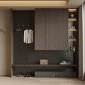 Modern Wooden Shoe Cabinet With Hanging Hooks Storage Shelves And Indoor Plant