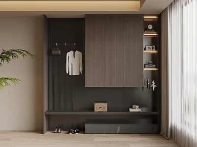 Modern Wooden Shoe Cabinet With Hanging Hooks Storage Shelves And Indoor Plant 3d model