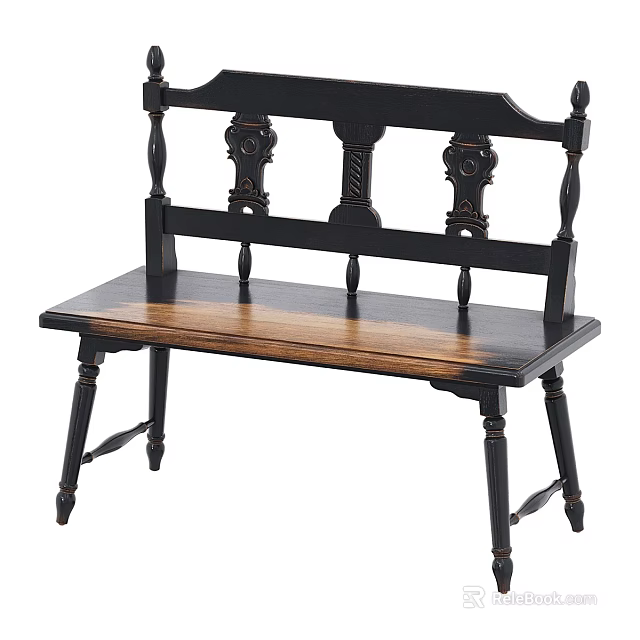 Traditional Wooden Bench With Black Frame Carved Details And Solid Wood Seat 3d model 