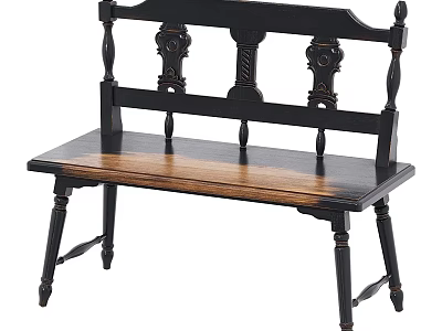 Traditional Wooden Bench With Black Frame Carved Details And Solid Wood Seat 3d model