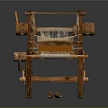 Antique Wooden Loom Structure With Wooden Frame Yarn And Woven Fabric
