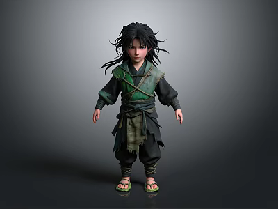 Young Man With Long Black Hair Green Black Outfit Belt And Sandals 3d model