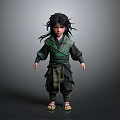 Young Man With Long Black Hair Green Black Outfit Belt And Sandals