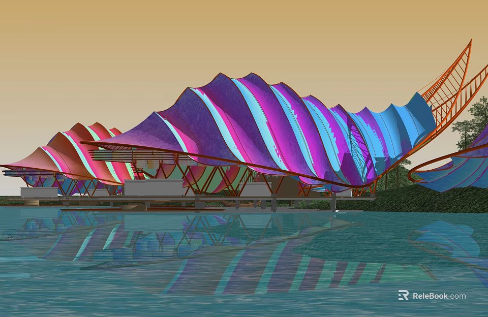 Colorful Wavy Pergola With Purple Pink Blue Stripes And Water Reflection 3d model 