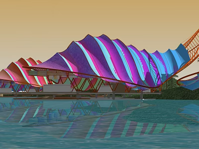 Colorful Wavy Pergola With Purple Pink Blue Stripes And Water Reflection 3d model