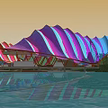 Colorful Wavy Pergola With Purple Pink Blue Stripes And Water Reflection