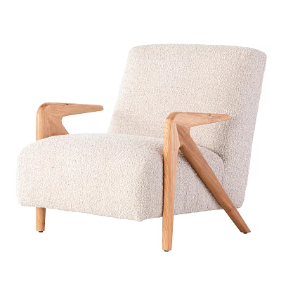 Comfortable Modern Accent Chair In Cream Plush Fabric With Wooden Legs And Armrests 3d model
