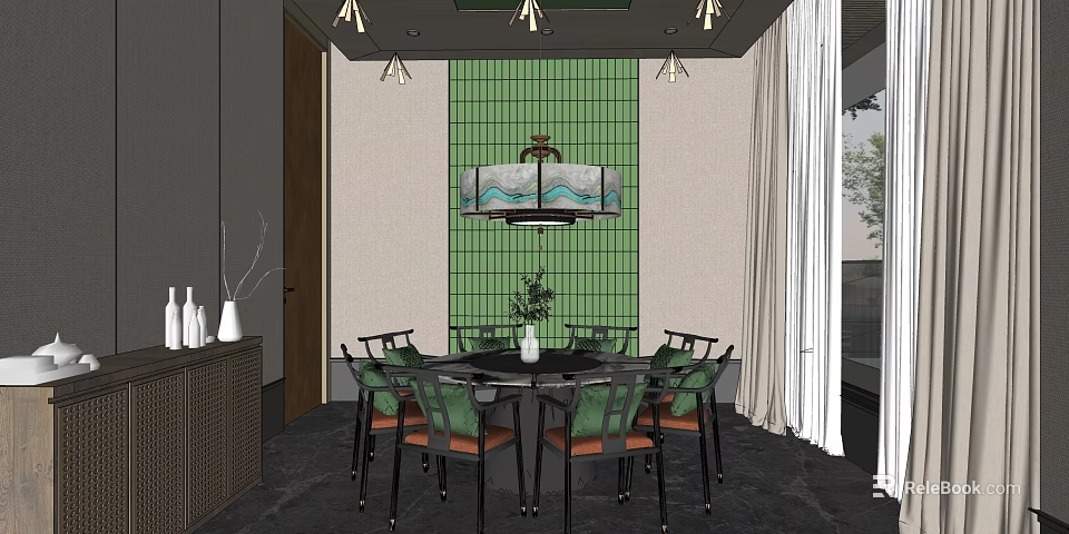 Elegant Private Dining Box Interior With Green Grid Wall Round Table And Chandeliers 3d model