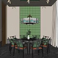 Elegant Private Dining Box Interior With Green Grid Wall Round Table And Chandeliers 3d model