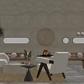 Earth Toned Living Room With Arched Ceiling Circular Decor Sofa And Woven Rug