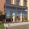 Framed Glass Porch Entrance Structure With Transparent Panels Steps And House Front Greenery