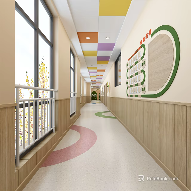 Bright Elevator Corridor With Colorful Ceiling Windows Wooden Walls And Floor Patterns 3d model