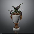 Elegant White Marble Vase With Golden Ornate Base And Green Purple Foliage