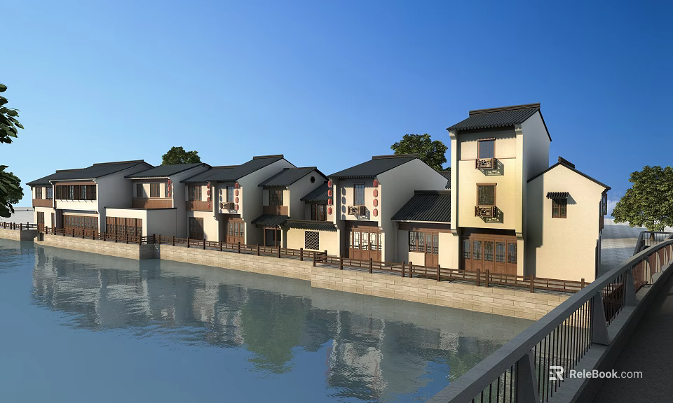 Traditional Chinese Style Commercial Street Along Riverside With White Walls Black Tiles And Water Reflections 3d model 