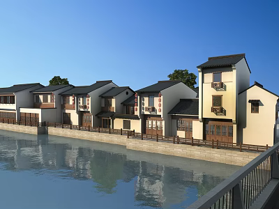Traditional Chinese Style Commercial Street Along Riverside With White Walls Black Tiles And Water Reflections 3d model
