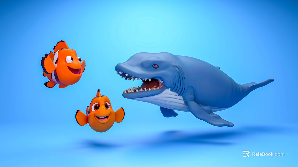 Two Orange Clownfish And A Blue Shark Swimming In Underwater Scene 3d model 