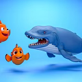 Two Orange Clownfish And A Blue Shark Swimming In Underwater Scene