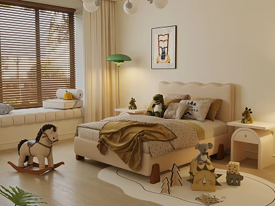Cozy Kids Bed Room Setup With Rocking Horse Stuffed Toys Window Seat And Wooden Blinds 3d model