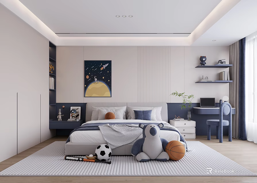 Modern Kids Room Interior Design With Space Painting Bed Desk And Stuffed Penguin Toys 3d model 
