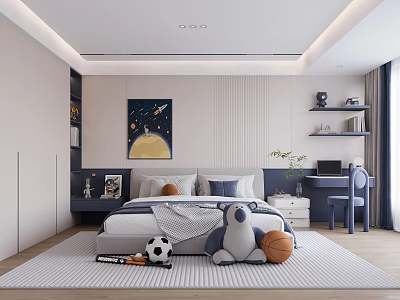 Modern Kids Room Interior Design With Space Painting Bed Desk And Stuffed Penguin Toys 3d model