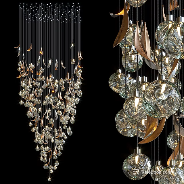 Elegant Crystal And Glass Ball Chandeliers Featuring Metal Leaves Design Elements 3d model 