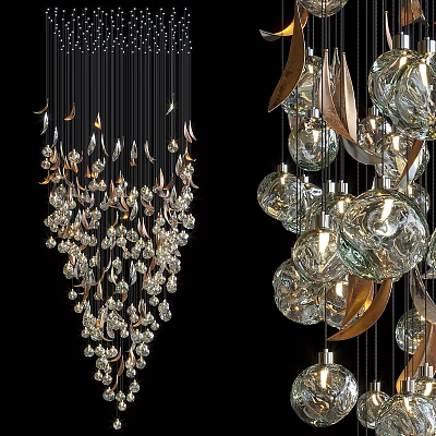 Elegant Crystal And Glass Ball Chandeliers Featuring Metal Leaves Design Elements 3d model