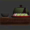 Japanese Tea Serving Set With Green Teapot Matcha Cups Colorful Dango Skewers On Wooden Tray
