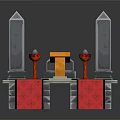 Cartoon Scene With Tall Decorative Towers Red Carpet Stairs Orange Podium And Green Decorations