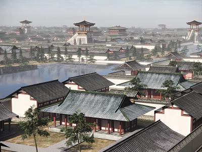 Ancient Architecture Complex With Traditional Tiled Roofs Courtyards And Scenic Lakeside Trees 3d model