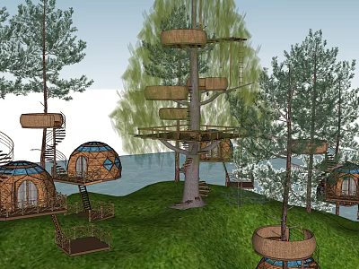 Multiple Round Design Treehouses With Spiral Staircase Surrounded by Trees Grass and Water 3d model