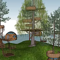 Multiple Round Design Treehouses With Spiral Staircase Surrounded by Trees Grass and Water