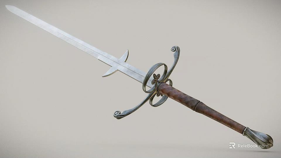 Medieval Sword Historical Weapon With Metal Blade Ornate Guard And Wooden Handle 3d model 