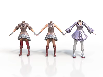 Three Mannequins Wearing Fashionable Clothing Different Styles Brown Purple Dresses Red White Long Boots 3d model