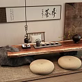Zen Style Tea Table With Stools Interior Featuring Calligraphy Scroll Hanging Teapot And Stone Decoration 3d model