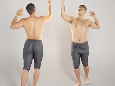 Shirtless Man Showing Muscles In Gray Compression Shorts With Raised Arms 3d model