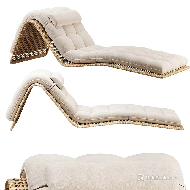 Comfortable Modern Chaise Lounge With Wicker Frame And Beige Cushioned Seats 3d model 