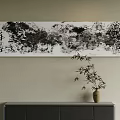 Abstract Painting in Black and White Ink Style with Bamboo Vase and Cabinet on Wall