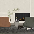 Curved Orange And Green Casual Sofa Set With Side Table Decorative Plant Fireplace On Rug