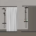 Modern Shower Space With White Beige Pleated Curtains Black Fixtures And Shelves