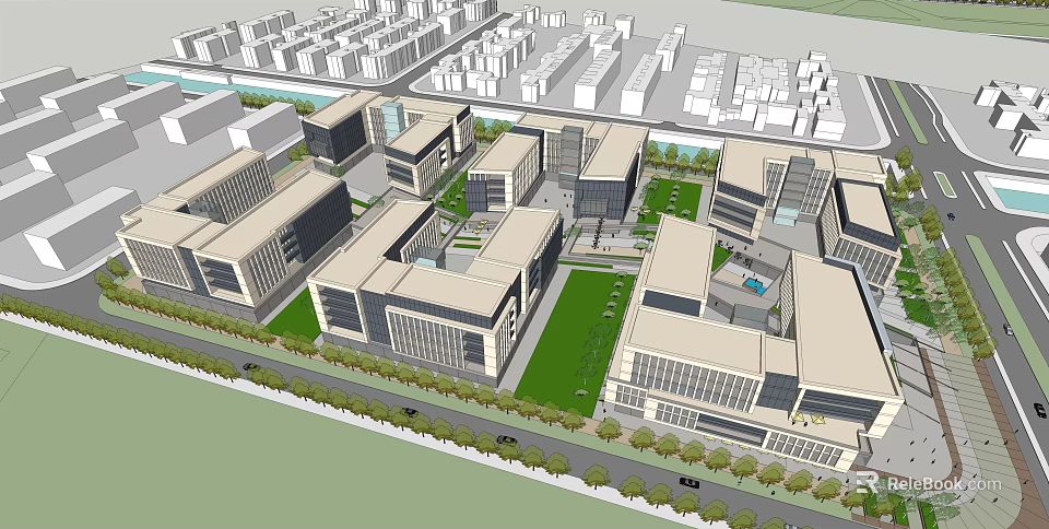 Modern Office Complex Design With Central Green Lawn And Surrounding Trees 3d model