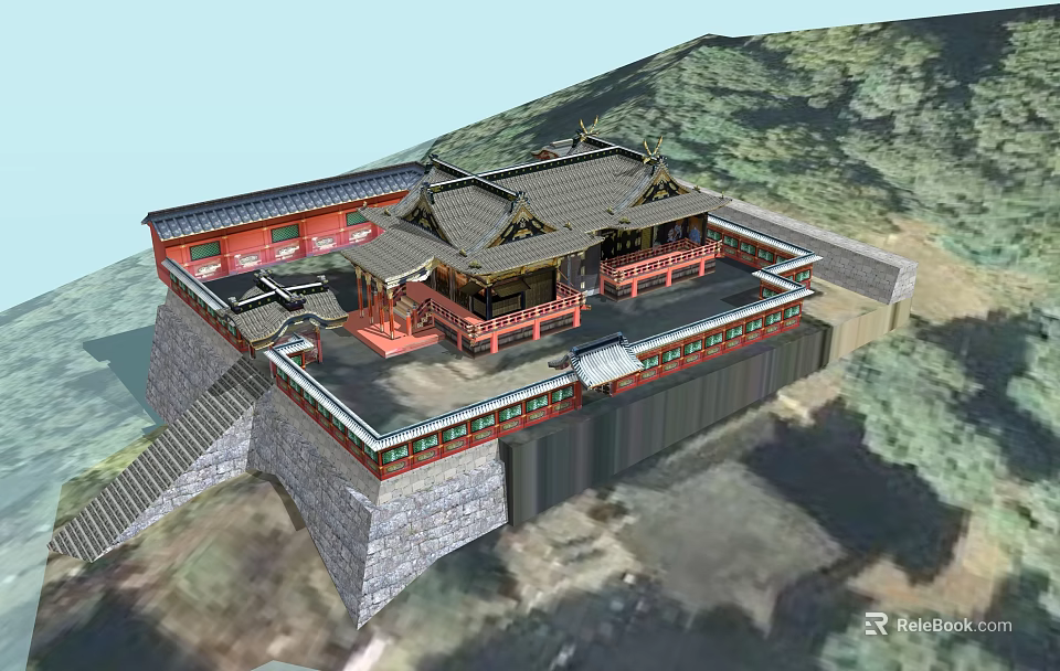 Traditional Ancient Chinese Architecture With Classic Roof Red Railings And Stone Steps Against Mountain Landscape 3d model 