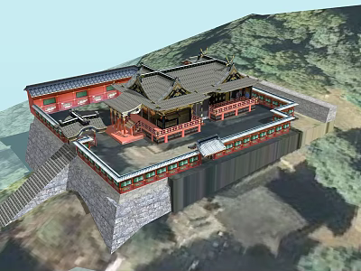 Traditional Ancient Chinese Architecture With Classic Roof Red Railings And Stone Steps Against Mountain Landscape 3d model