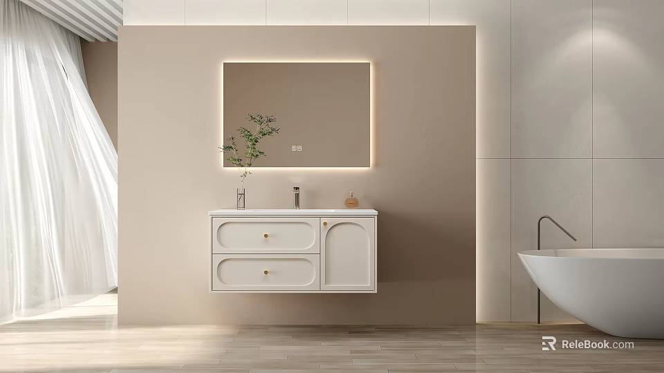 Modern Bathroom Interior With Vanity Cabinet Mirror Sink And Decorative Plant 3d model 