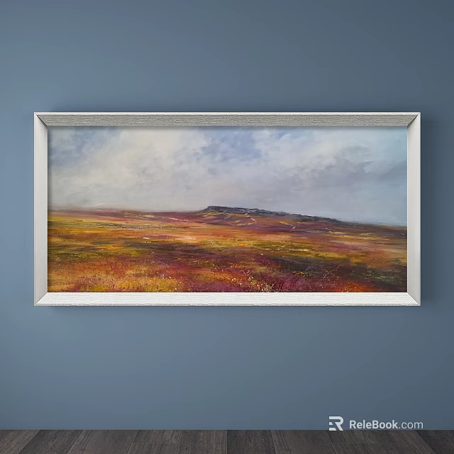 Vibrant Landscape Painting With Silver Frame Vast Field And Distant Hill Cloudy Sky 3d model 